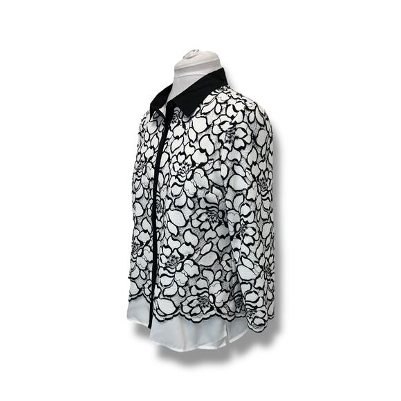 Karl Lagerfeld Women’s Long Bell Sleeve Button Down Lace Blouse, Black/White - Picture 3 of 12